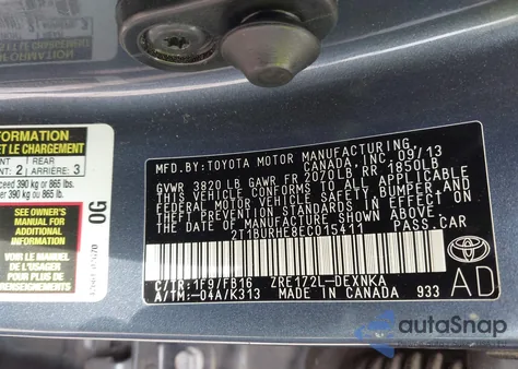 2014 Toyota Corolla Le from USA, damaged, VIN 2T1BURHE8EC015411